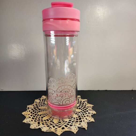 Davids Tea Travel Tumbler Infuser Clear Travel Mug w White Design and Pink Lid - Picture 1 of 10